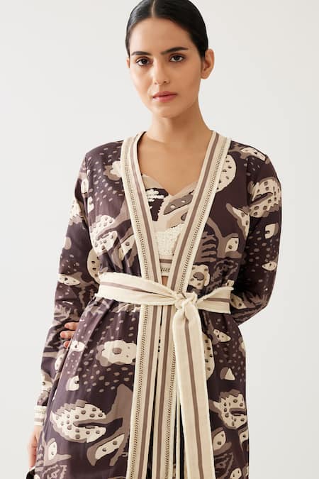 Shop Koai Cream Florence Print Lace Embellished Long Cape Online at Aza Fashions Shop_Koai_Cream Florence Print Lace Embellished Long Cape _Online_at_Aza_Fashions