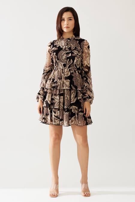 Koai_Cream Chiffon Ruffles High Neck Flora Print Tiered Short Dress _Online_at_Aza_Fashions