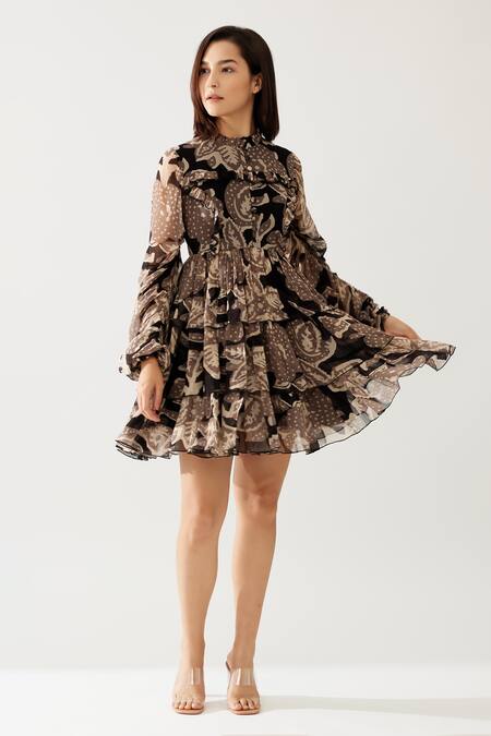 Buy_Koai_Cream Chiffon Ruffles High Neck Flora Print Tiered Short Dress _Online_at_Aza_Fashions