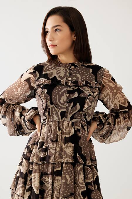 Shop_Koai_Cream Chiffon Ruffles High Neck Flora Print Tiered Short Dress _Online_at_Aza_Fashions