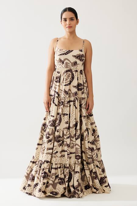 Koai_Cream Cotton, Poplin Square Neck Botanic Fleur Print Tiered Maxi Dress _Online_at_Aza_Fashions