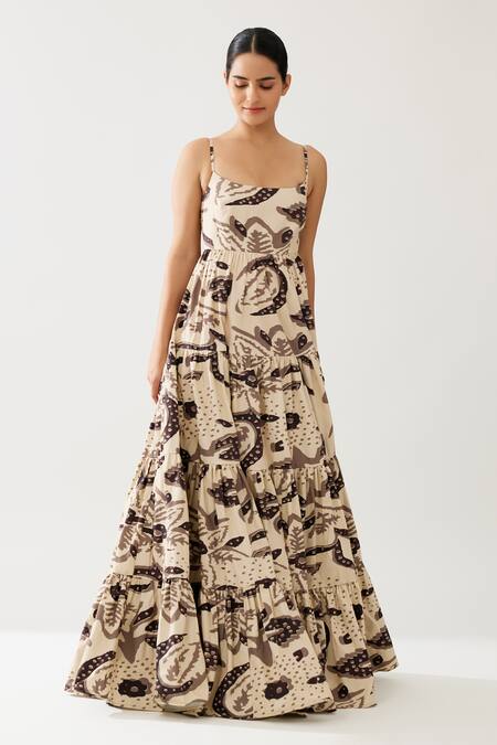 Buy_Koai_Cream Cotton, Poplin Square Neck Botanic Fleur Print Tiered Maxi Dress _Online_at_Aza_Fashions