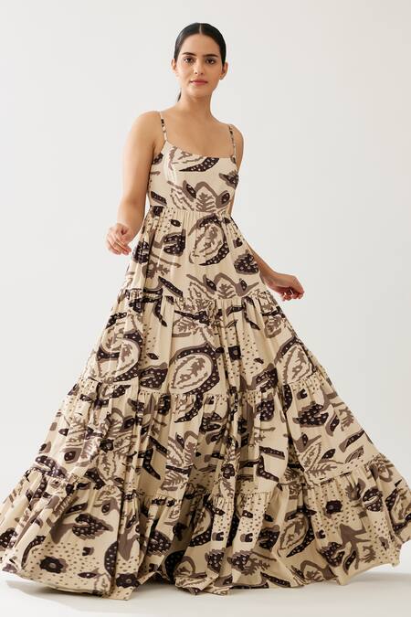 Shop_Koai_Cream Cotton, Poplin Square Neck Botanic Fleur Print Tiered Maxi Dress _Online_at_Aza_Fashions