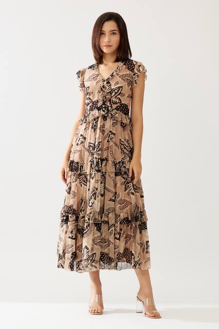 Koai_Cream Chiffon V-neck Florid Print Ruffle Tiered Midi Dress _Online_at_Aza_Fashions