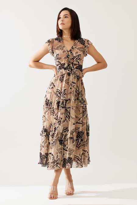 Buy_Koai_Cream Chiffon V-neck Florid Print Ruffle Tiered Midi Dress _Online_at_Aza_Fashions