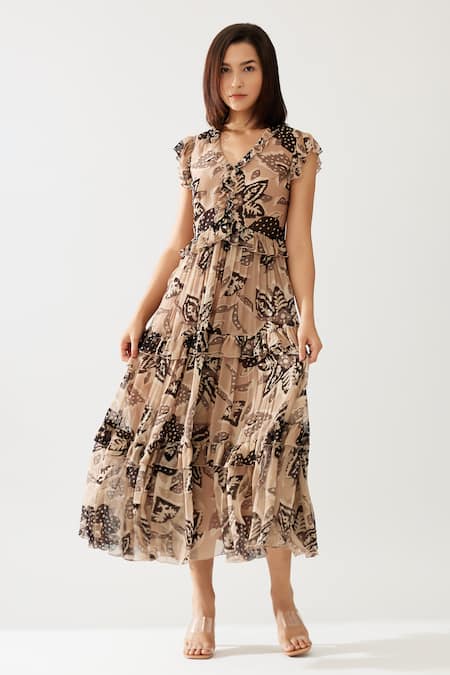 Shop_Koai_Cream Chiffon V-neck Florid Print Ruffle Tiered Midi Dress _Online_at_Aza_Fashions