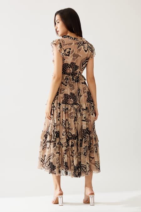 Shop_Koai_Cream Chiffon V-neck Florid Print Ruffle Tiered Midi Dress _at_Aza_Fashions