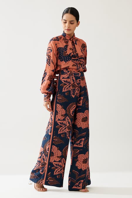 Shop_Koai_Blue Cotton, Silk High Neck Bloom Print Tie-up Shirt _Online_at_Aza_Fashions