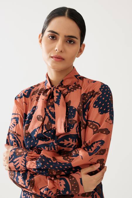 Koai_Blue Cotton, Silk High Neck Bloom Print Tie-up Shirt _at_Aza_Fashions