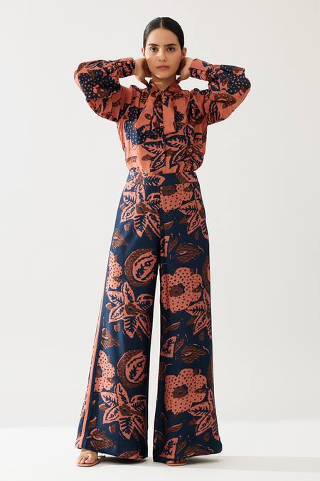 Koai Blue Cotton, Silk Midnight Bloom Print Flared Pant Online at Aza Fashions Koai_Blue Cotton, Silk Midnight Bloom Print Flared Pant _Online_at_Aza_Fashions