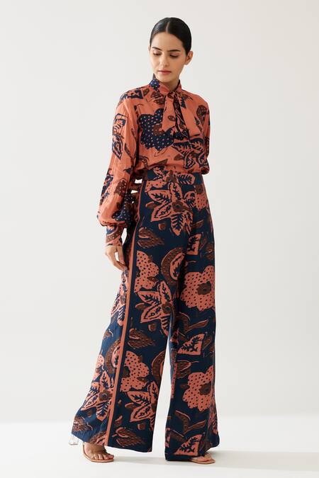 Shop Koai Blue Cotton, Silk Midnight Bloom Print Flared Pant Online at Aza Fashions Shop_Koai_Blue Cotton, Silk Midnight Bloom Print Flared Pant _Online_at_Aza_Fashions