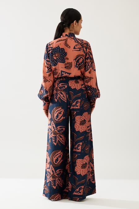 Shop Koai Blue Cotton, Silk Midnight Bloom Print Flared Pant at Aza Fashions Shop_Koai_Blue Cotton, Silk Midnight Bloom Print Flared Pant _at_Aza_Fashions