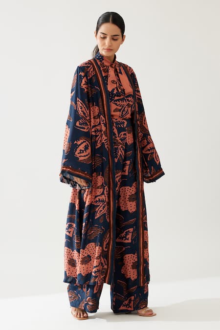 Koai_Blue Cotton Silk Print Fleur Magic Open Neck Long Kimono Cape _Online_at_Aza_Fashions