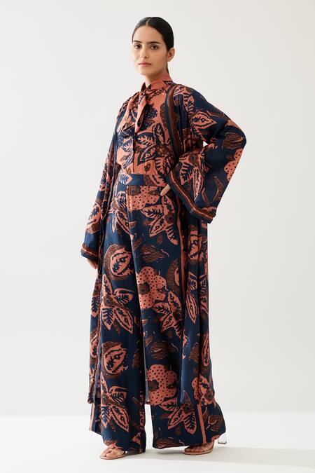 Buy_Koai_Blue Cotton Silk Print Fleur Magic Open Neck Long Kimono Cape _Online_at_Aza_Fashions
