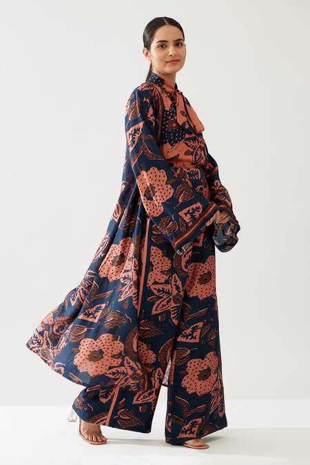 Shop_Koai_Blue Cotton Silk Print Fleur Magic Open Neck Long Kimono Cape _Online_at_Aza_Fashions