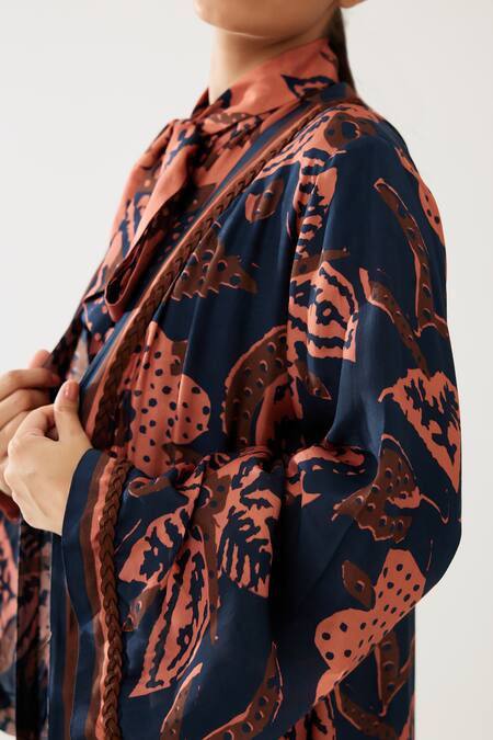 Koai_Blue Cotton Silk Print Fleur Magic Open Neck Long Kimono Cape _at_Aza_Fashions