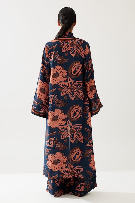 Shop_Koai_Blue Cotton Silk Print Fleur Magic Open Neck Long Kimono Cape _at_Aza_Fashions