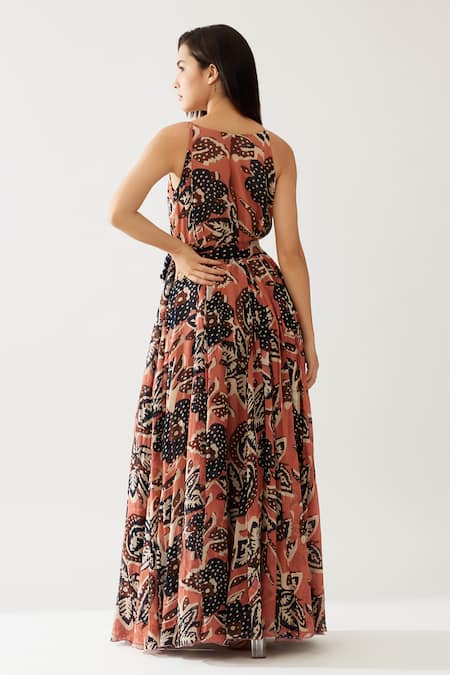 Shop Koai Blue Chiffon Halter Neck Foliage Bloom Print Maxi Dress at Aza Fashions Shop_Koai_Blue Chiffon Halter Neck Foliage Bloom Print Maxi Dress _at_Aza_Fashions