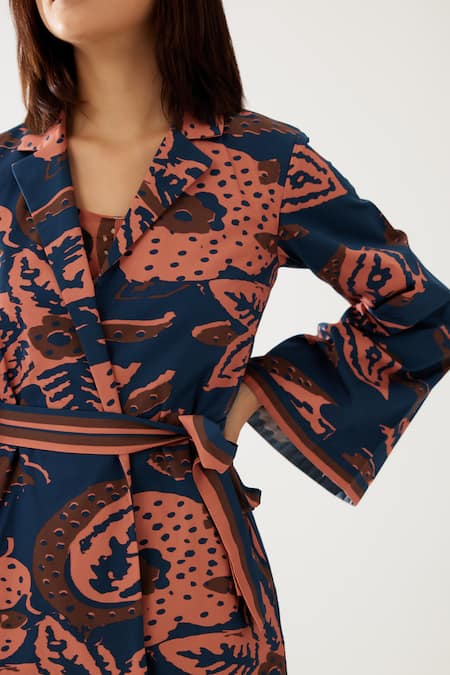 Koai_Blue Poplin, Cotton Collared Flowery Print Wrap Kimono Jacket _Online_at_Aza_Fashions
