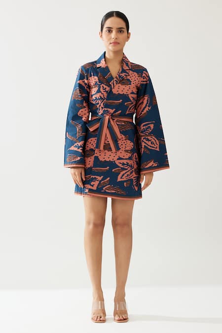 Buy_Koai_Blue Poplin, Cotton Collared Flowery Print Wrap Kimono Jacket _Online_at_Aza_Fashions