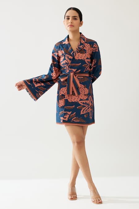 Shop_Koai_Blue Poplin, Cotton Collared Flowery Print Wrap Kimono Jacket _Online_at_Aza_Fashions