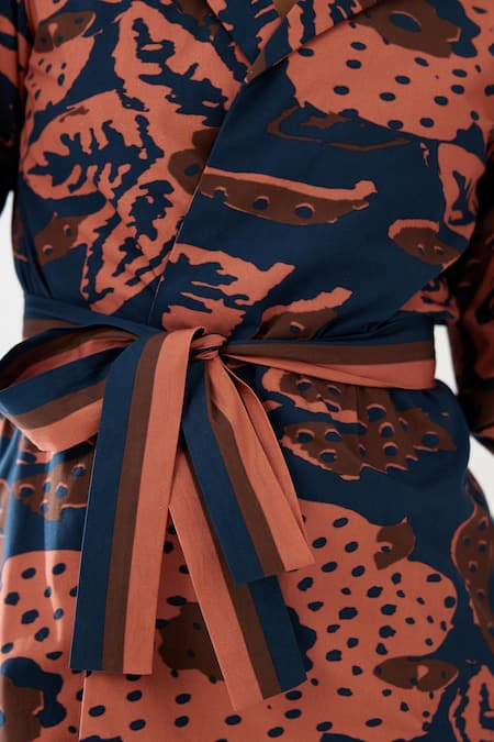 Koai_Blue Poplin, Cotton Collared Flowery Print Wrap Kimono Jacket _at_Aza_Fashions