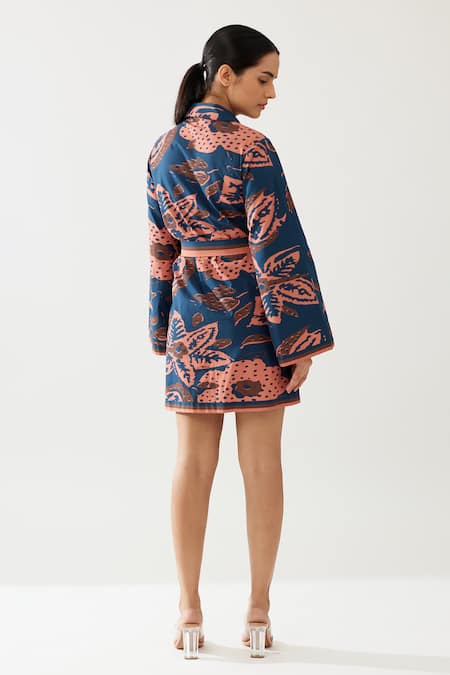 Shop_Koai_Blue Poplin, Cotton Collared Flowery Print Wrap Kimono Jacket _at_Aza_Fashions
