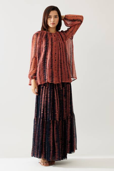 Koai_Pink Chiffon V-neck Carnival Print Blouson Top _Online_at_Aza_Fashions