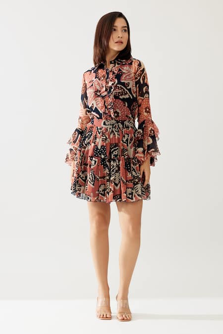 Koai_Pink Chiffon Ruffles Collared Retro Flora Print Frilly Shirt _Online_at_Aza_Fashions
