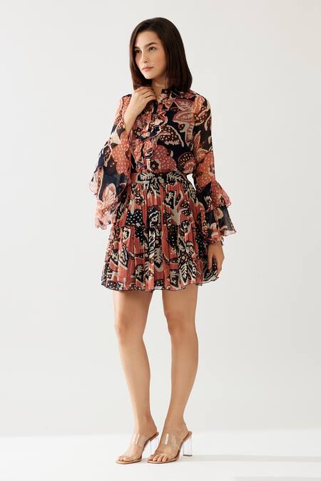 Buy_Koai_Pink Chiffon Ruffles Collared Retro Flora Print Frilly Shirt _Online_at_Aza_Fashions