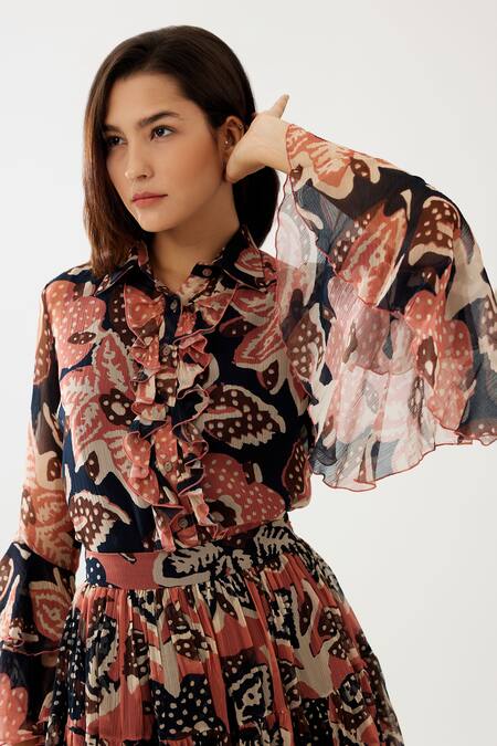 Shop_Koai_Pink Chiffon Ruffles Collared Retro Flora Print Frilly Shirt _Online_at_Aza_Fashions