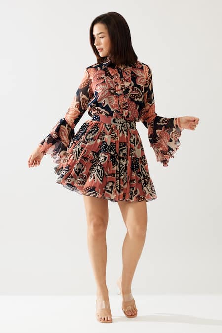 Koai_Pink Chiffon Retro Flora Print Tiered Mini Skirt _Online_at_Aza_Fashions