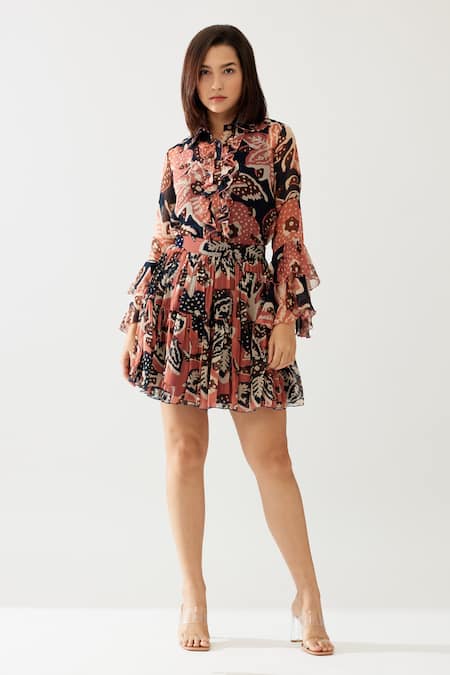 Buy_Koai_Pink Chiffon Retro Flora Print Tiered Mini Skirt _Online_at_Aza_Fashions