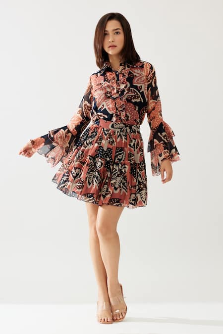 Shop_Koai_Pink Chiffon Retro Flora Print Tiered Mini Skirt _Online_at_Aza_Fashions