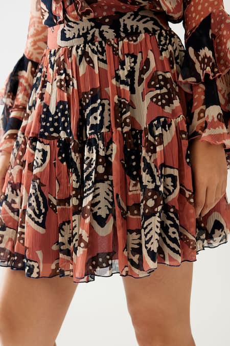 Koai_Pink Chiffon Retro Flora Print Tiered Mini Skirt _at_Aza_Fashions