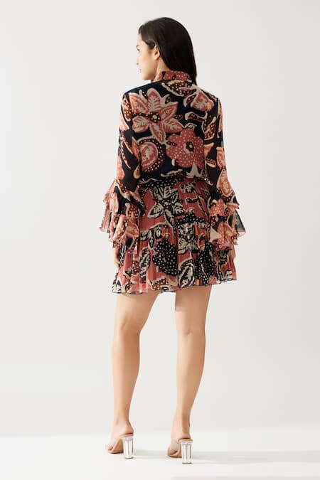 Shop_Koai_Pink Chiffon Retro Flora Print Tiered Mini Skirt _at_Aza_Fashions
