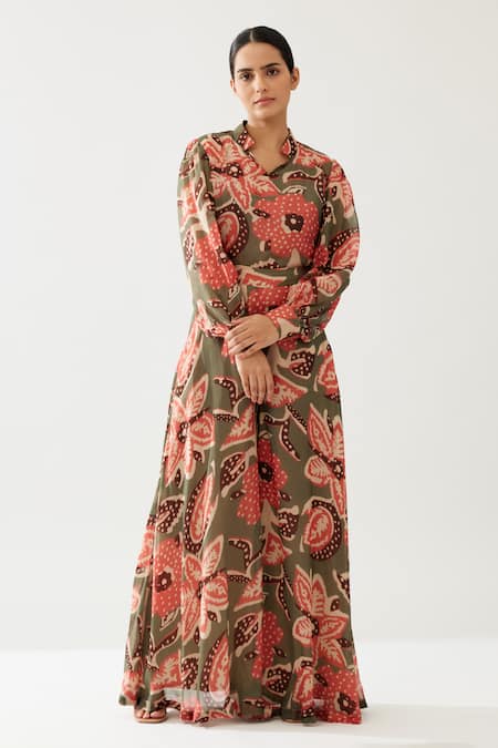 Koai_Green Chiffon Mandarin Collar Bloom Meadow Print Top _Online_at_Aza_Fashions