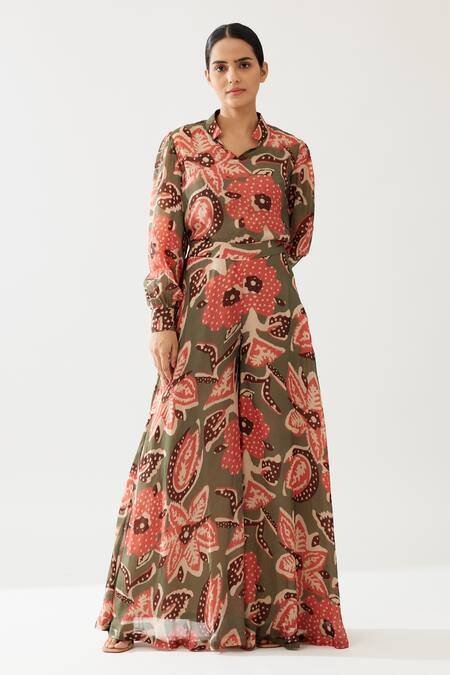 Koai_Green Cupro Chiffon Print Bloom Meadow Flared Pant _Online_at_Aza_Fashions