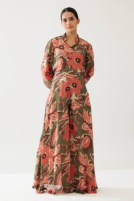 Buy_Koai_Green Cupro Chiffon Print Bloom Meadow Flared Pant _Online_at_Aza_Fashions