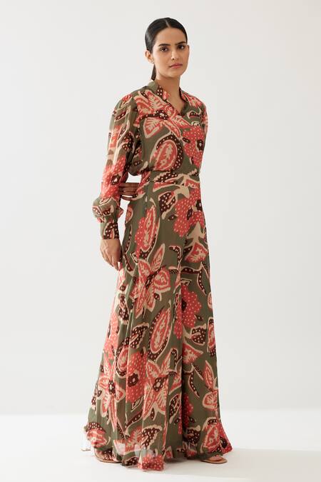 Shop_Koai_Green Cupro Chiffon Print Bloom Meadow Flared Pant _Online_at_Aza_Fashions