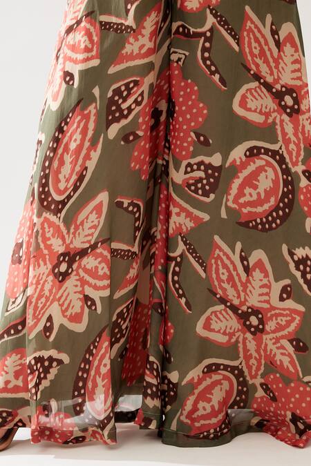 Koai_Green Cupro Chiffon Print Bloom Meadow Flared Pant _at_Aza_Fashions