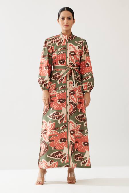 Koai_Green Cotton, Poplin Bandeau Neck Floret Meadow Print Maxi Shirt Dress _Online_at_Aza_Fashions