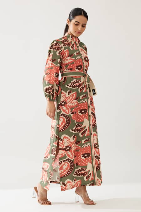 Buy_Koai_Green Cotton, Poplin Bandeau Neck Floret Meadow Print Maxi Shirt Dress _Online_at_Aza_Fashions