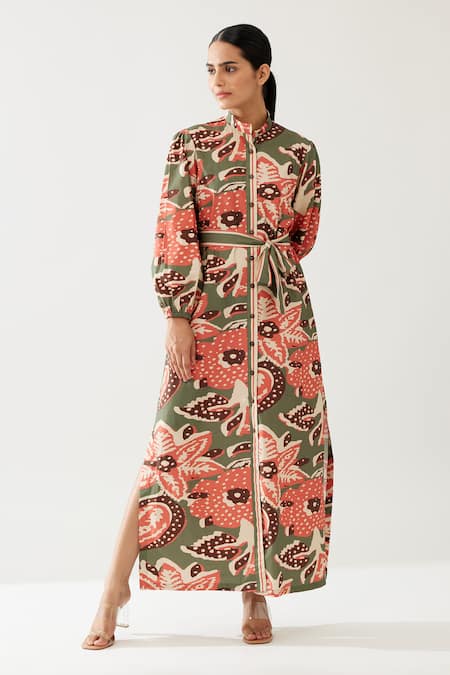 Shop_Koai_Green Cotton, Poplin Bandeau Neck Floret Meadow Print Maxi Shirt Dress _Online_at_Aza_Fashions