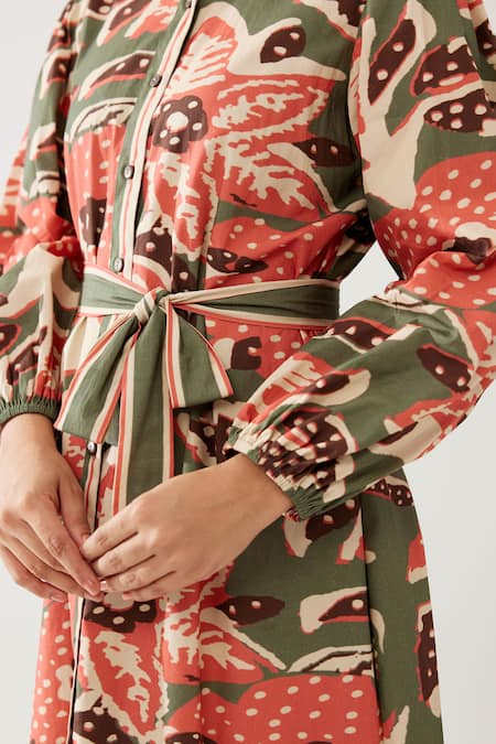 Koai_Green Cotton, Poplin Bandeau Neck Floret Meadow Print Maxi Shirt Dress _at_Aza_Fashions