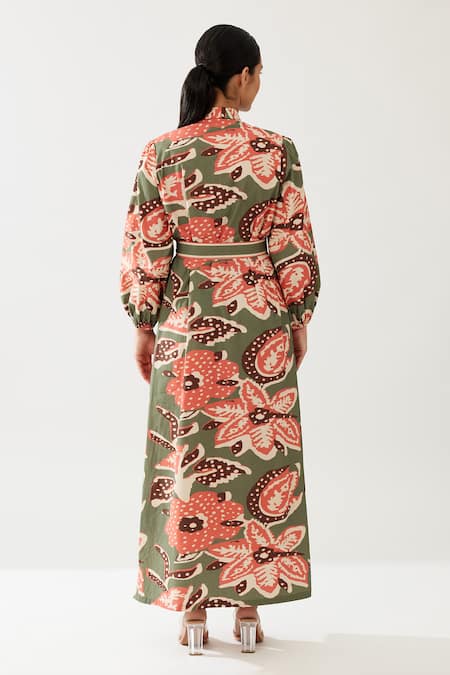 Shop_Koai_Green Cotton, Poplin Bandeau Neck Floret Meadow Print Maxi Shirt Dress _at_Aza_Fashions
