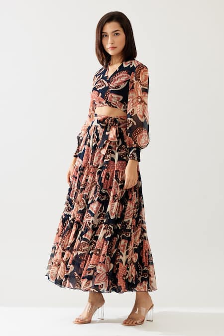 Koai_Pink Chiffon V-neck Bloomy Print Wrap Crop Top _Online_at_Aza_Fashions