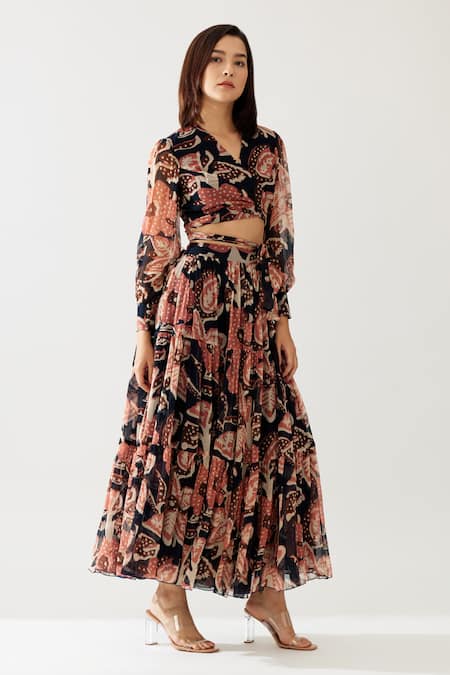 Buy_Koai_Pink Chiffon V-neck Bloomy Print Wrap Crop Top _Online_at_Aza_Fashions