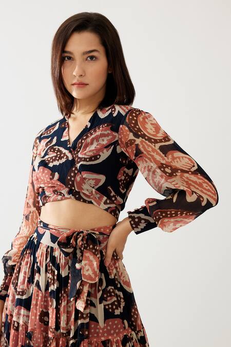 Koai_Pink Chiffon V-neck Bloomy Print Wrap Crop Top _at_Aza_Fashions