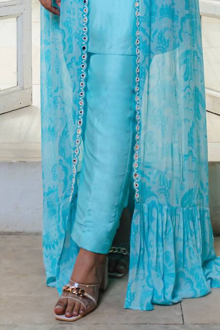 Megha Pitti Blue Georgette, Bamboo Mirrors, Beads Open Neck, Floral Print Jacket Kurta Set Online at Aza Fashions Megha Pitti_Blue Georgette, Bamboo Mirrors, Beads Open Neck, Floral Print Jacket Kurta Set _Online_at_Aza_Fashions